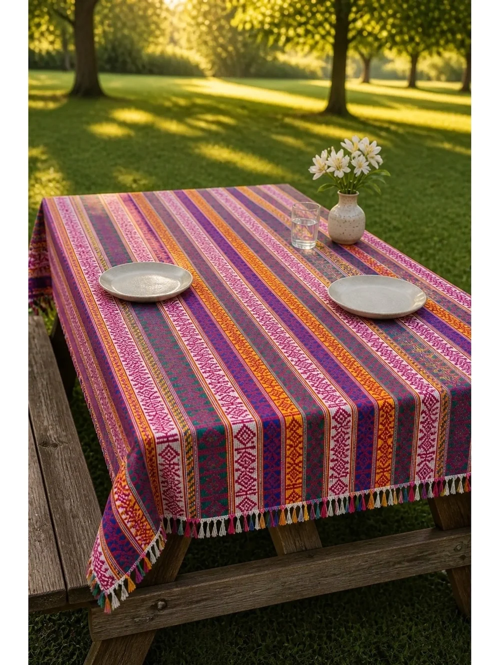 Vintage Woven Tablecloth Multicolor Boho Southwestern Fringed 56x39